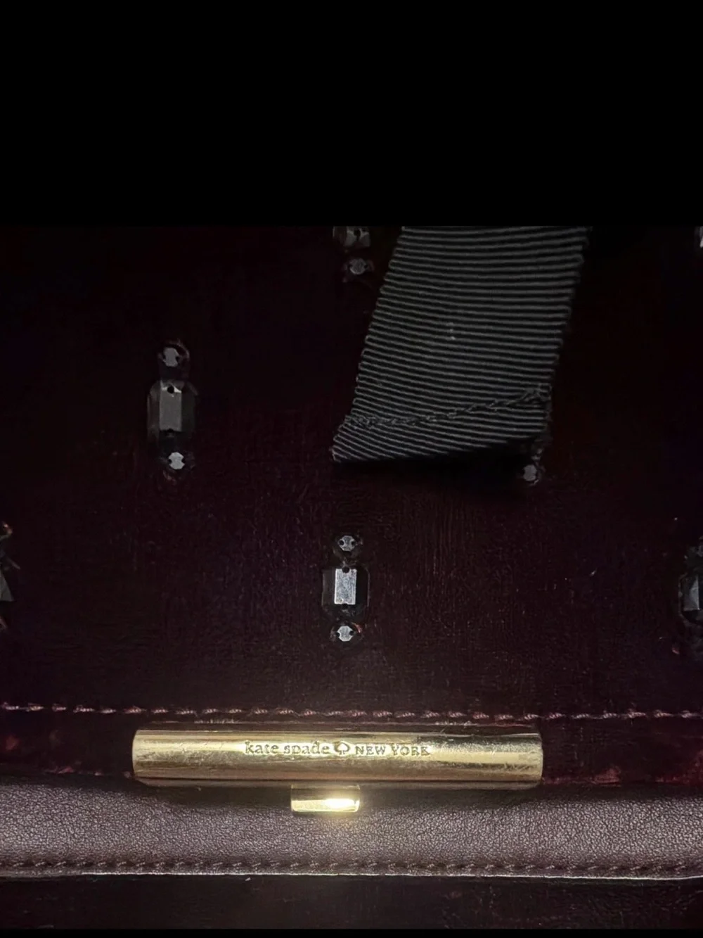 kate spade Plum Velvet Crossbody Bag with Gold Chain and Black Bow